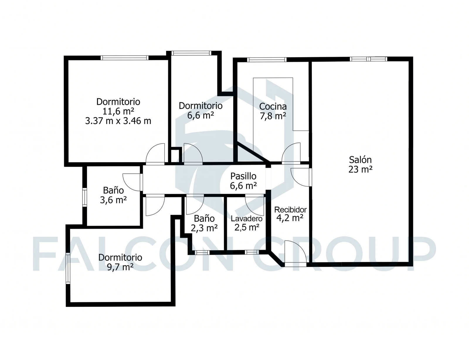 Plano 2D acotado de un piso de tres dormitorios, con la superficie en metros cuadrados de cada estancia